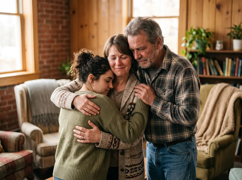 Parents embracing their young-adult child, representing family support in recovery at HearthWell