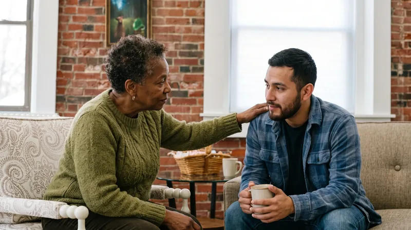 An older person’s caring hand resting on a younger person’s shoulder in a supportive moment