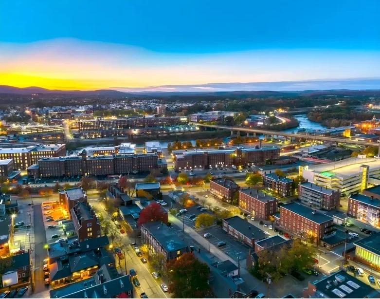 Aerial view of Dover, New Hampshire at golden hour