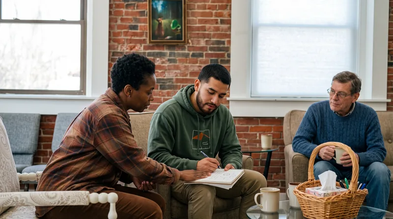 A small group in focused, supported treatment in HearthWell's warm brick-walled room, reflecting the fuller structure of partial hospitalization care
