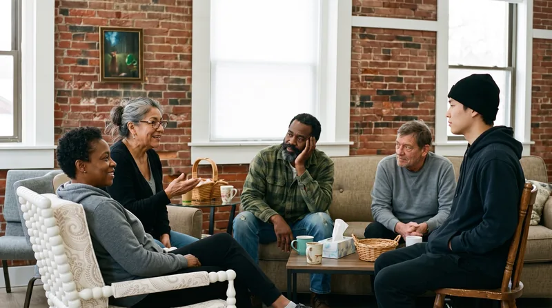 A warm HearthWell peer-support group in session together in a brick-walled room
